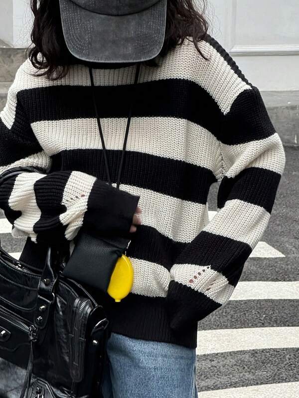 DAZY Tween Girl Round Neck Long Sleeve Striped Sweater, Casual Everyday Wear