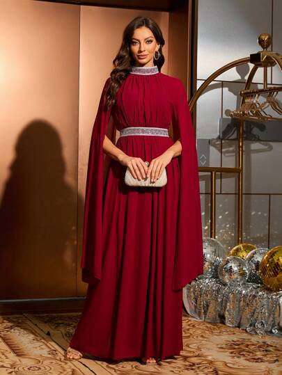 Long Sleeve Chiffon Contrast Sequin Tape Waist Maxi Chiffon Arabian Style Formal Modest Dress, Burgundy
