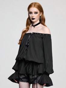 ROMWE Goth 女士露肩系带袖口长袖时尚衬衫 - 黑色 - 查看 6