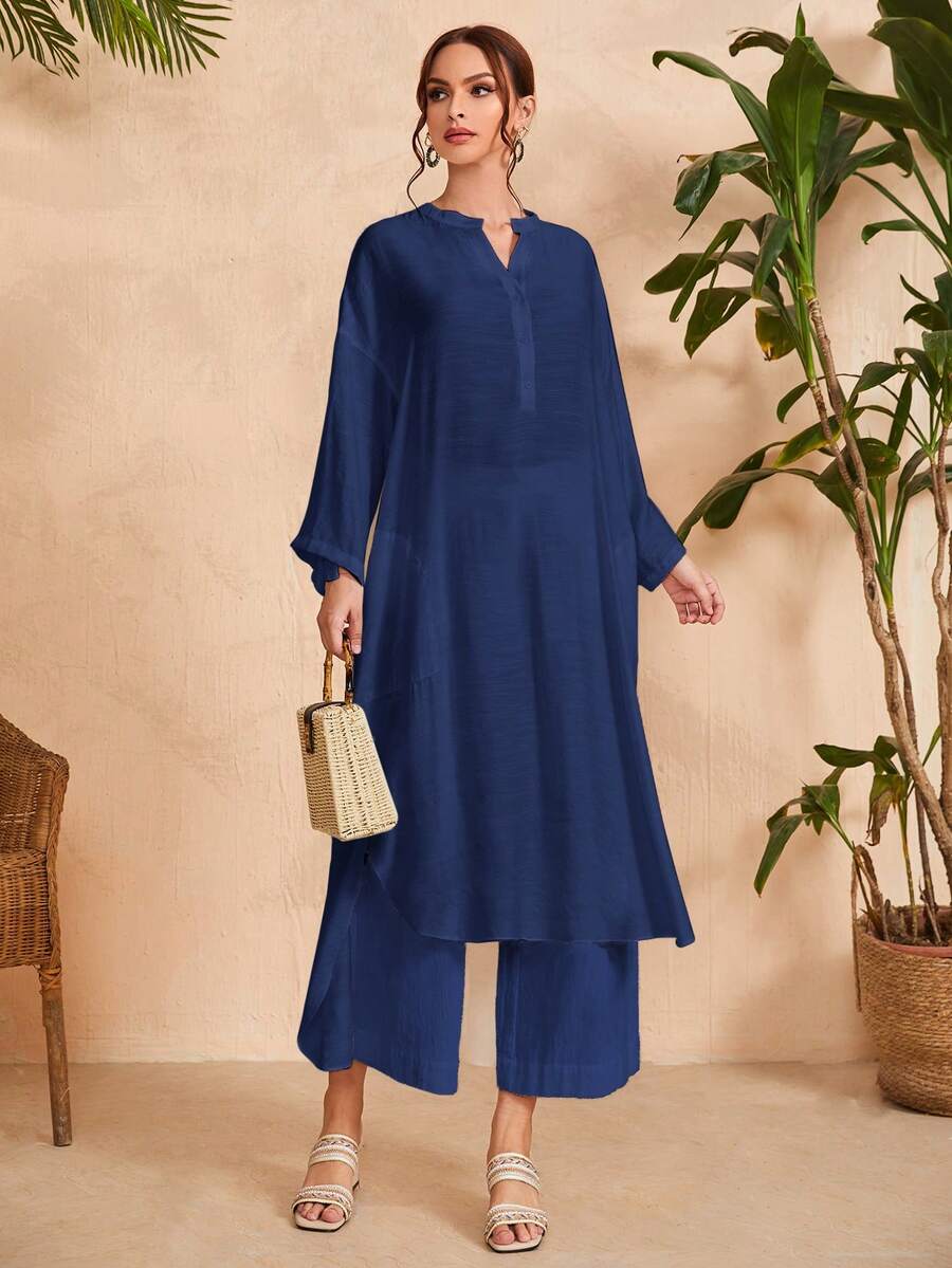 Mulvari Cổ có Lỗ hổng Viền chia cắt Áo sơ mi - Màu xanh hải quân - Xem 1