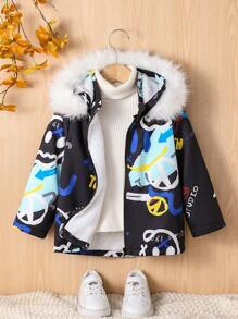 SHEIN Áo khoác trùm đầu rộng rãi cho bé trai có in họa tiết kỹ thuật số Graffiti, phong cách đường phố cho du lịch và mặc hàng ngày, mùa đông - màu đen - Xem 4