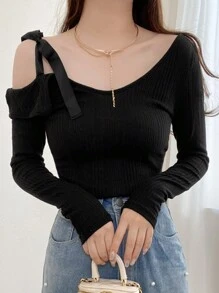FRIFUL Women's Asymmetrical Neck Tie Shoulder Long Sleeve Elegant Casual Sweet T-Shirt, Ribbed Tee