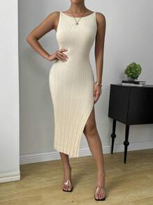 Chiquease Split Thigh Ribbed Knit Sweater Dress - Apricot - View 6