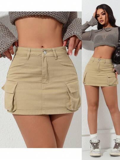 SHEIN PETITE 女士休闲牛仔工装口袋裙