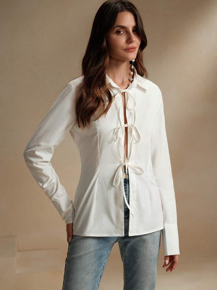 Classic White Twist-Knot Waist Long Sleeve Blouse For Women Women Shirt