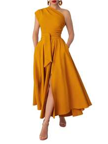 女士纯色不对称肩部鸡尾酒礼服，夏季