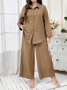 Mulvari 2 piezas Conjunto casual holgado de camisa de manga larga de hombros caídos y pantalones de unicolor para mujer talla grande, primavera y otoño