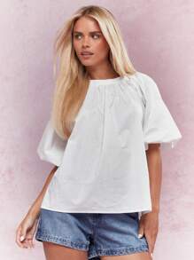 MISSGUIDED Ruched Neck Balloon Short Sleeves Top - White - View 1