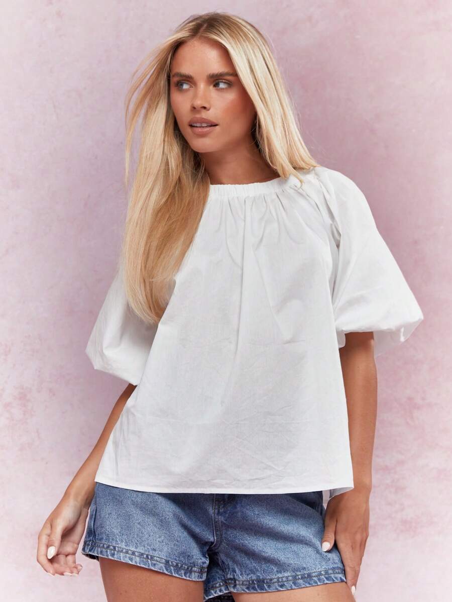 MISSGUIDED Ruched Neck Balloon Short Sleeves Top - White - View 1