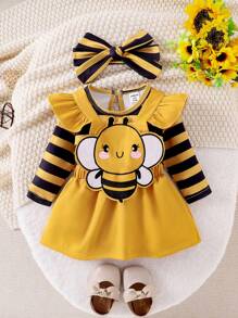 SHEIN Set Baju Terusan Bayi Perempuan Motif Garis-garis Lebah Lengan Panjang + Bordir Lebah - Kuning - View 9