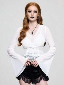 ROMWE Goth Sexy V-Neck Contrast Lace Bell Sleeve Blouse - White - View 1