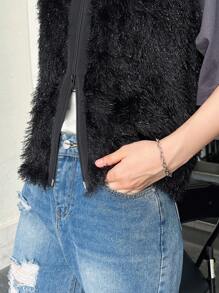 FRIFUL 女士毛绒休闲开衫外套，秋季女装背心大衣 - 黑色 - 查看 8