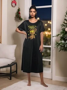 Puffycurly Áo ngủ họa tiết gấu dễ thương màu đen dành cho nữ, mùa hè - màu đen - Xem 5