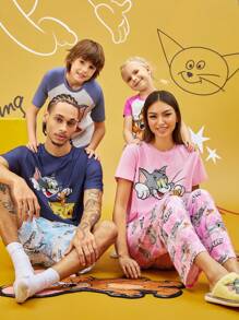TOM & JERRY X SHEIN 1set Naisten Piirretty Lyhythihainen T-paita Ja Pitkät Housut yöasut Pyjama Setti - Vaaleanpunainen - Näytä 3