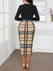 SHEIN Lady 办公室连衣裙围脖领长袖格子黑色和卡其色女士连衣裙春夏休闲优雅工作