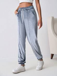 SHEIN Tall Velvet Drawstring Pants With Pocket Stitching - Teal Blue - View 4