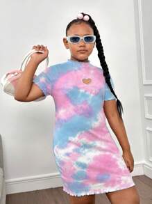 SHEIN Tween Girls Extended Size Basic Casual Tie-Dye Round Neck Embroidered Fitted Short Sleeve Dress