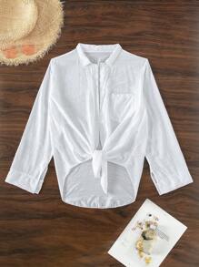 SHEIN Swim Summer Beach Solid Button Front Kimono - White - View 3