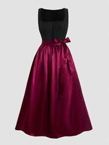 Fairmaia Women's German Traditional Style 2 Pieces Dirndl Dress Set,Black Summer Wedding Sleeveless Square Neck Back Zipper Dress With Satin Bow Ribbon Apron - Black - View 1