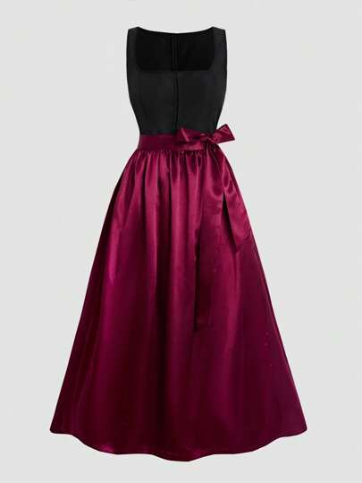 Mulvari Women's German Traditional Style 2 Pieces Set Dirndl Dress: 1pc Sleeveless Square Neck With Back Zipper Sleeveless Dress And 1pc Waist Bow Ribbon Decor Satin Apron, Dirndl Dress, Perfect For Bavaria's Oktoberfest/Renaissance Festival/Halloween Carnival/Bavarian Themed Party