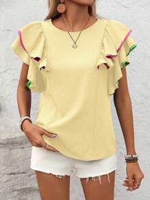 SHEIN LUNE Blusa casual de mujer con mangas con volantes de varios colores - Albaricoque - Ver 4