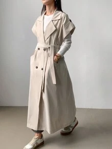 FRIFUL 女士纯色双排扣长款休闲风衣女夹克，秋季女装背心 - 米色 - 查看 1