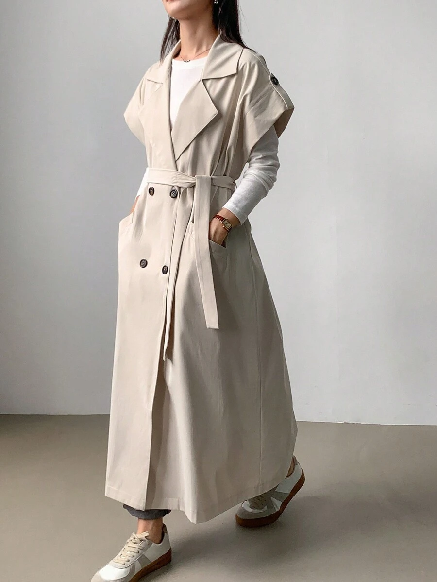 FRIFUL 女士纯色双排扣长款休闲风衣女夹克，秋季女装背心 - 米色 - 查看 1