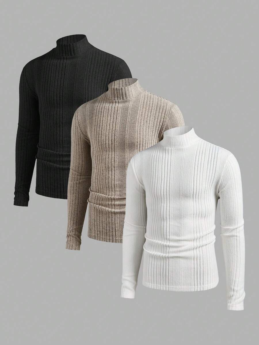 Manfinity VCAY 3 件男士休闲纯色圆领长袖 T 恤，适合秋季外出，送给丈夫 - 彩色 - 查看 1