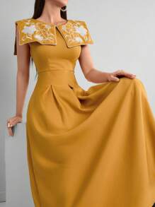 Modelyn 女性復古花紋夏季腰部收束連衣裙 - 黃色 - 查看 4