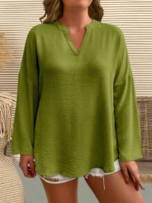 EMERY ROSE Blusa holgada de mangas largas con cuello en V y hombros caídos para mujeres tallas grandes, para primavera y verano