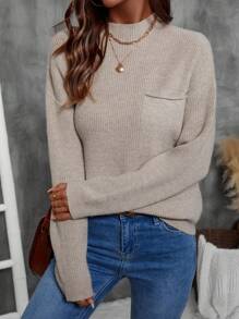 SHEIN LUNE Suéter minimalista de cuello redondo de manga larga con bolsillo, de color liso, para uso casual diario