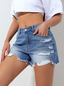 SHEIN EZwear Front Button, Multiple Pockets, Distressed Hem Denim Shorts, Casual Everyday - Blue - View 1