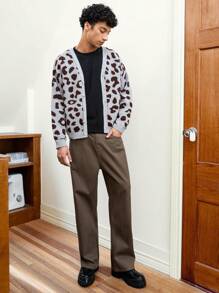 Manfinity VCAY Men's Casual Loose Fit Leopard Print Long Sleeve Cardigan Sweater, For Fall Winter - Multicolor - View 3