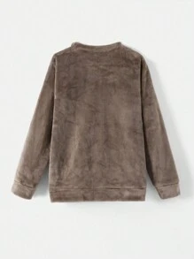 SHEIN 2 件青少年男孩宽松休闲简约长袖衬衫和格子法兰绒裤睡衣套装，秋冬季 - 卡其色 - 查看 2