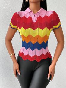 SHEIN Lady 彩虹条纹短袖女式毛衣 2024 秋季服装女式上衣 - 彩色 - 查看 3