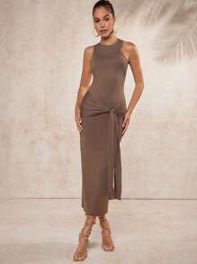 SHEIN Unity Vestido Sencillo Y Ajustado, Sin Mangas, Con Cuello Halter Y Detalle De Lazo En El Frente - Marrón - Ver 4