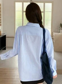 DAZY 女士春夏蝴蝶结条纹落肩长袖宽松休闲衬衫 - 粉色 - 查看 6