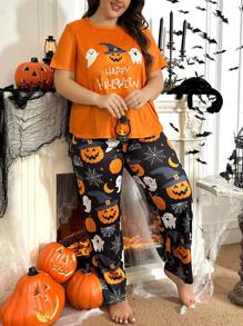 Halloween Pumpkin & Ghost Letter Print Plus Size Pajama Set - Multicolor - View 3