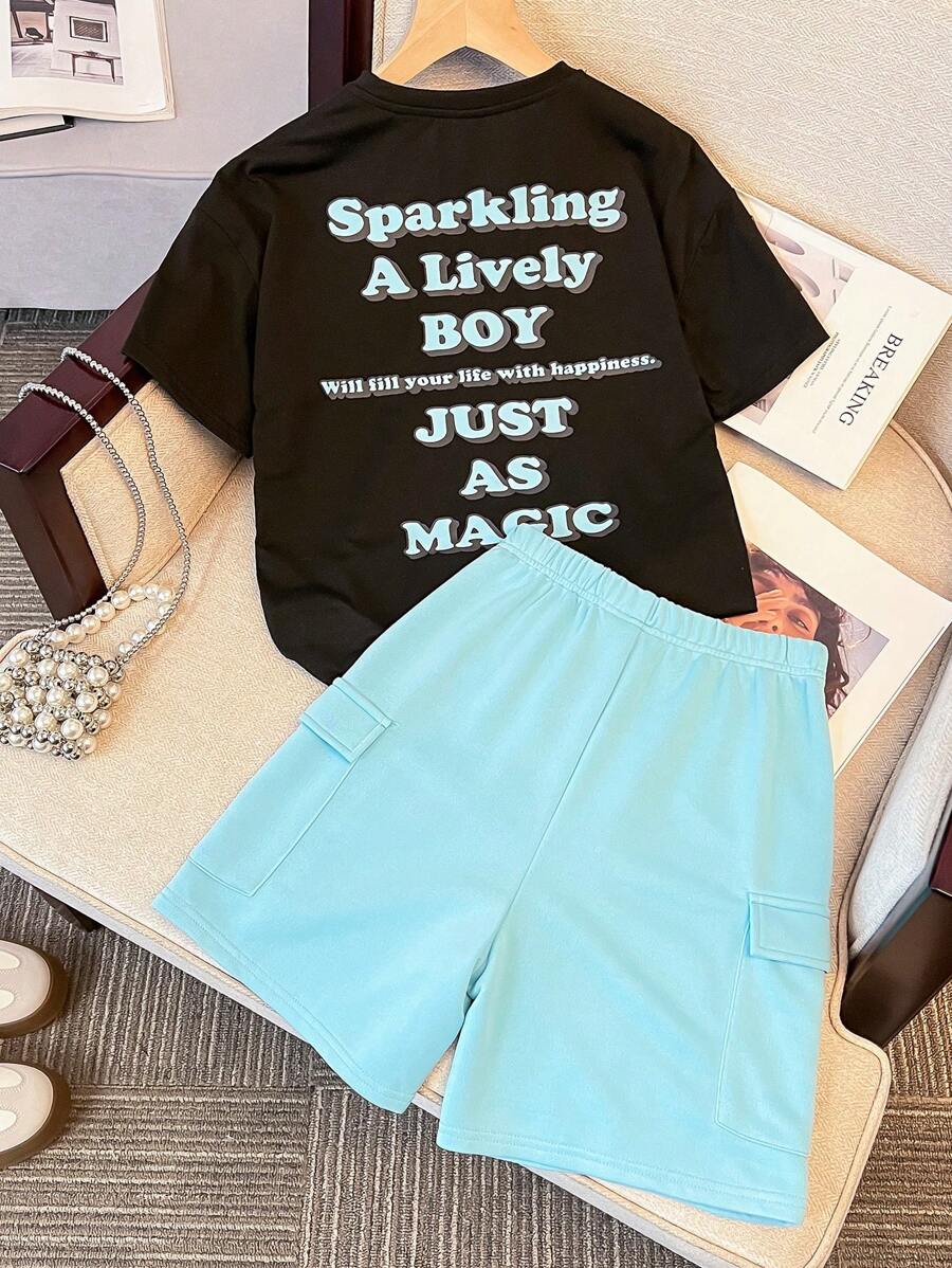 SHEIN Tween 女童休闲假日韩版字母印花圆领宽松短袖 T 恤带口袋和针织短裤两件套 - 黑色 - 查看 1