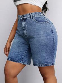 SHEIN ICON 大码水洗斜口袋直筒牛仔短裤夏季女装节日装百慕大短裤休闲 - 中等水洗藍 - 查看 3