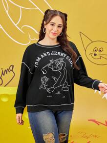TOM & JERRY X SHEIN 大码时尚休闲简约卡通图案印花落肩圆领宽松女式运动衫，适合秋冬季，韩国时尚 - 黑色 - 查看 1