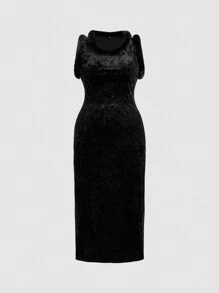 SHEIN MOD Robe longue sans manches décorative en velours noir pour femmes grande taille - Noir - Voir 1