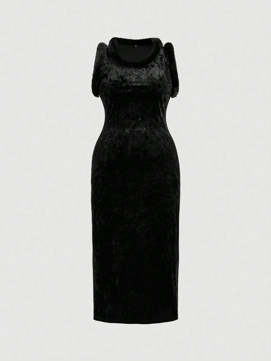 SHEIN MOD Robe longue sans manches décorative en velours noir pour femmes grande taille - Noir - Voir 1