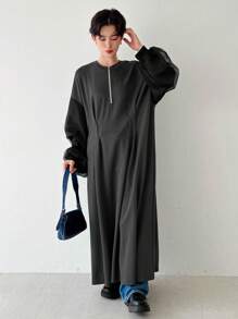 FRIFUL Women's Zipper Half Placket Drop Shoulder Lantern Sleeve Dress With Thermal Lined Fall,Winter - Grey - View 3