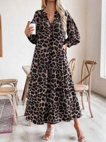 EMERY ROSE 女式 V 领豹纹泡泡袖波西米亚风连衣裙长款女装 - 咖啡 - 查看 8