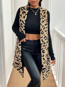 SHEIN Essnce 豹纹无袖毛绒针织开衫夹克，休闲装