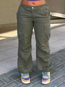 女士休闲直筒工装裤，拉链设计，水洗外观，适合所有季节