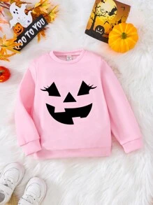 SHEIN Young Girl Mother & Daughter Pink Crewneck Sweatshirts, Matching Funny Face Prints, Casual Pullover For Halloween Festival, For Halloween Party - Pink - View 3