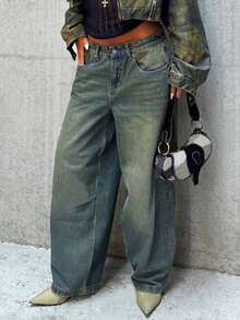 MYOURSA High Waist Baggy Distressed Wide Leg Jeans - Medium Wash - View 1