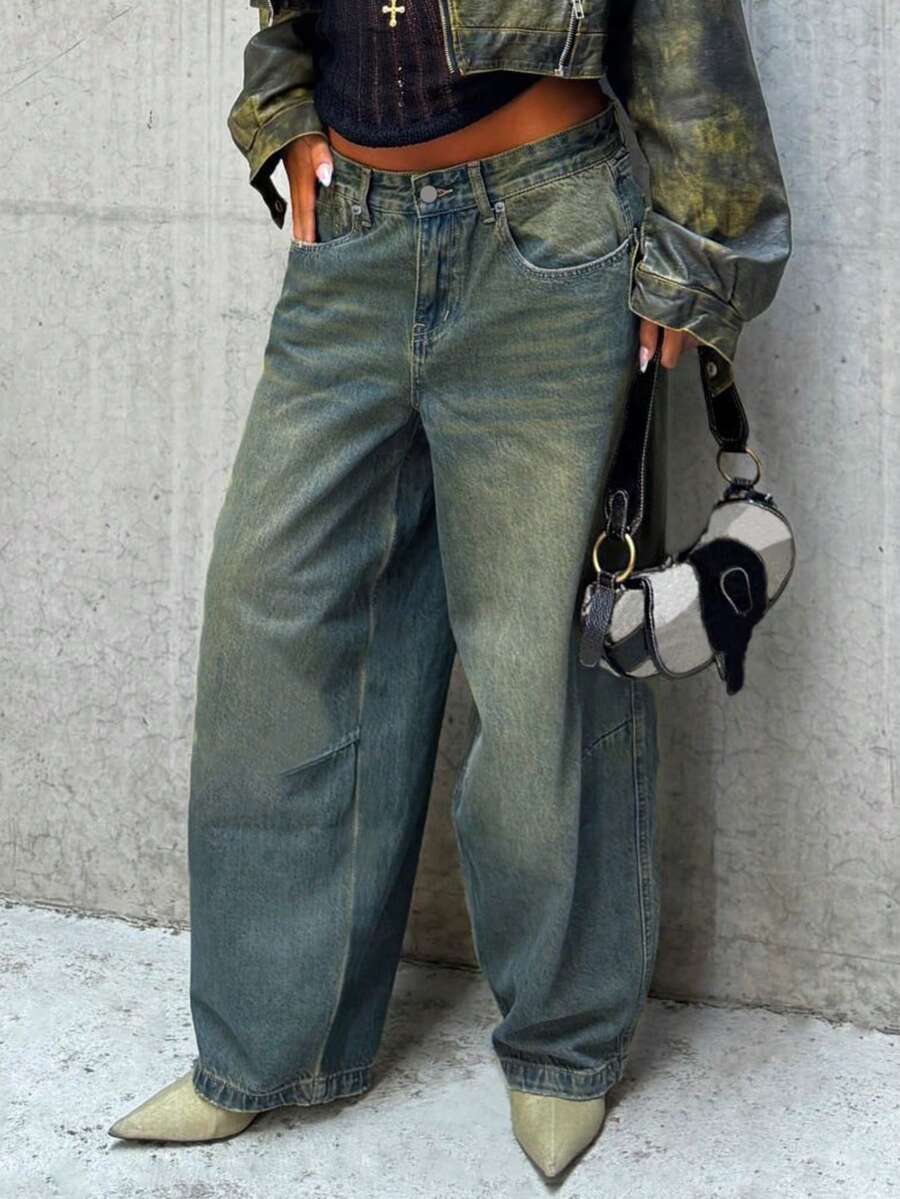 MYOURSA High Waist Baggy Distressed Wide Leg Jeans - Medium Wash - View 1